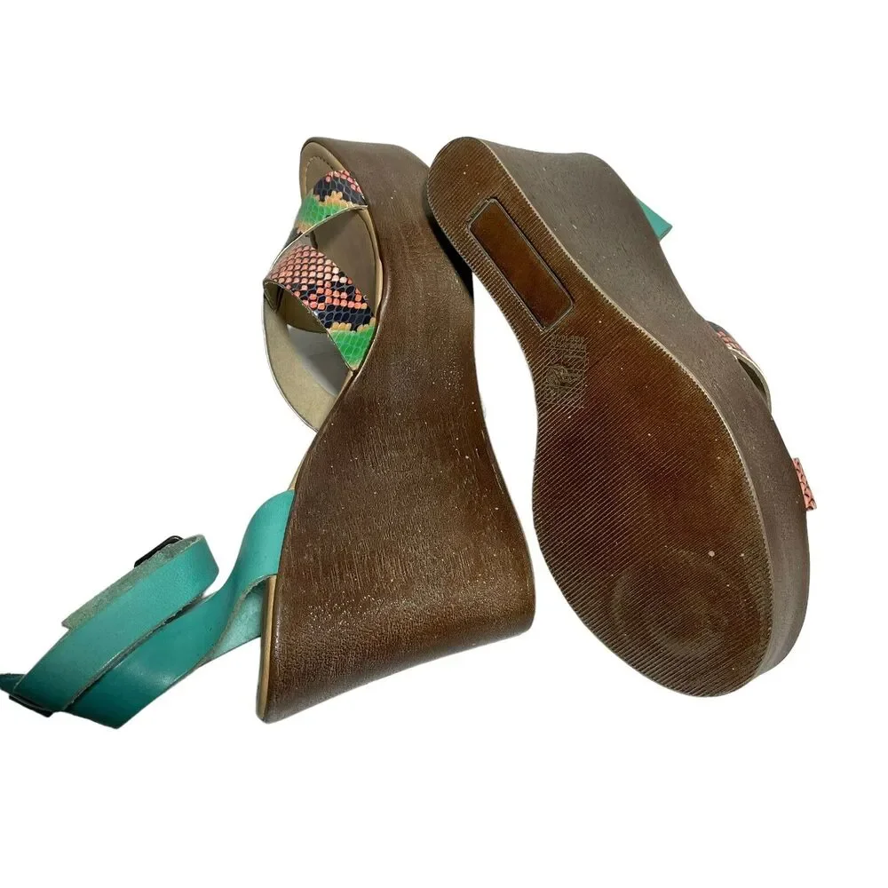 Isabella Rue Palermo Platform Shoe Snakeskin Print Size 10 Aqua Blue Ankle Strap